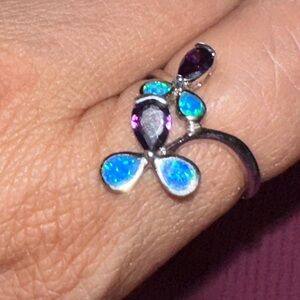 925 sterling silver opal and amethyst cocktail  ring handmade & warranty card.